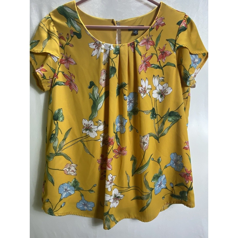 AUW Women Mustard Yellow Floral Pleated Scoop Neck Cap Sleeve Blouse Medium